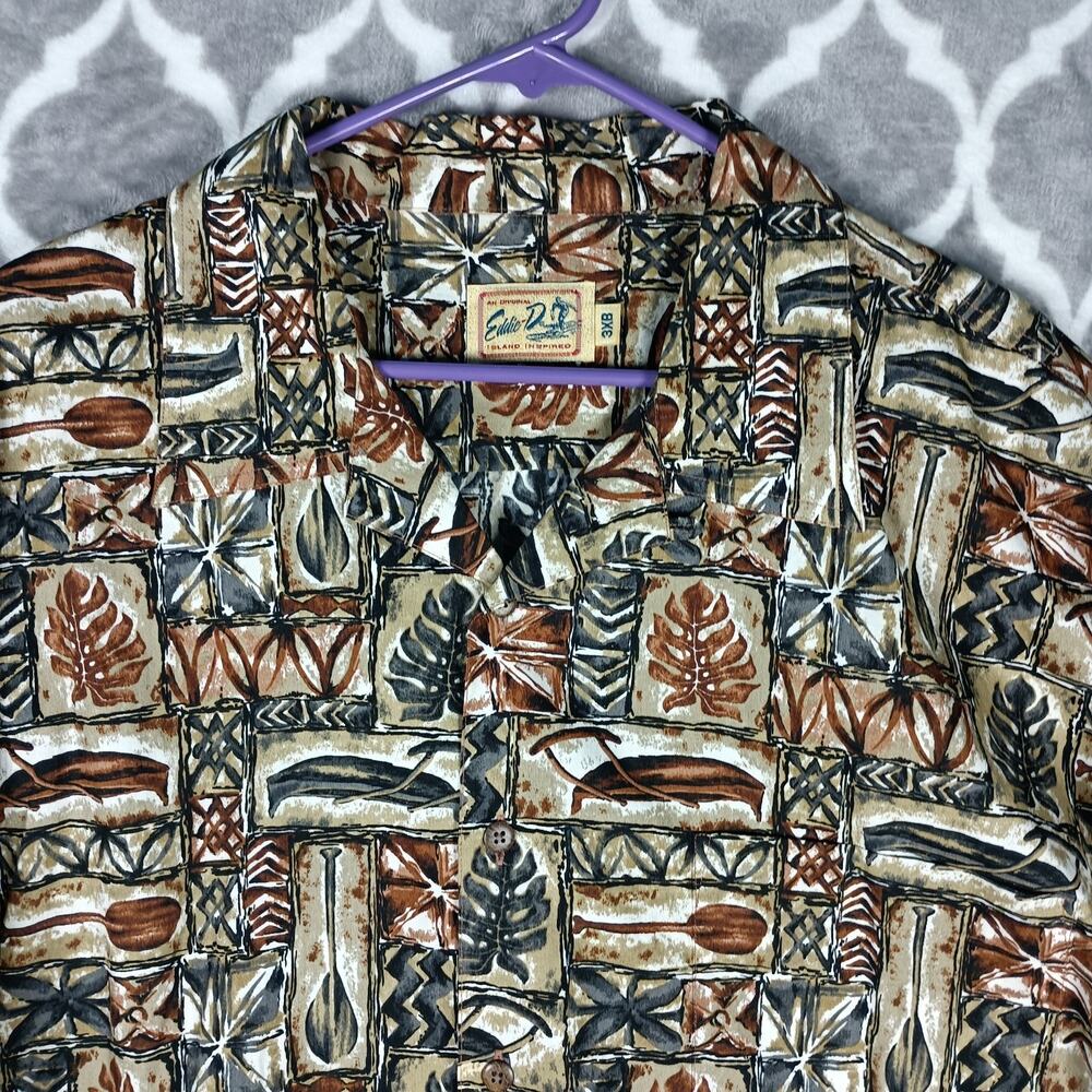 Eddie D Hawaiian Shirt Men 3XB Brown Tiki Canoe Leaf Print VTG